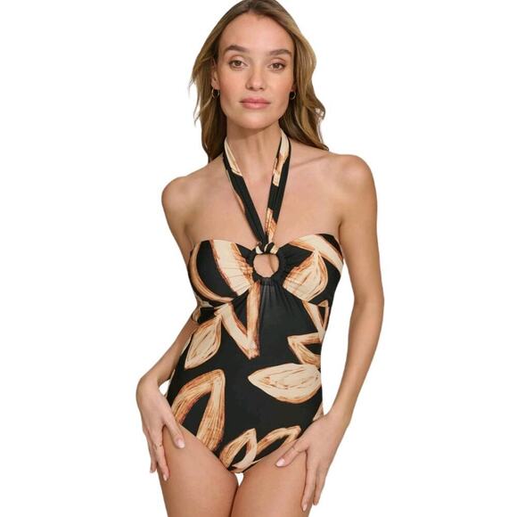 DKNY Women’s Halter Ring One Piece Swimsuit Size Medium color Printed Leaf NWT - Picture 2 of 15